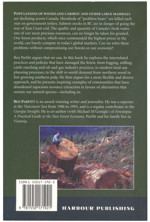 The back of the book with a summary of book. There is a photo of the author sitting on a tree stump. End of image description. 