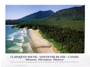 A shot of a beach, surrounded by forests and mountains. Text over the image reads "Clayoquot Sound - Vancouver Island - Canada. Wild beaches. Wild rainforests. Wild forever!" End of image description.