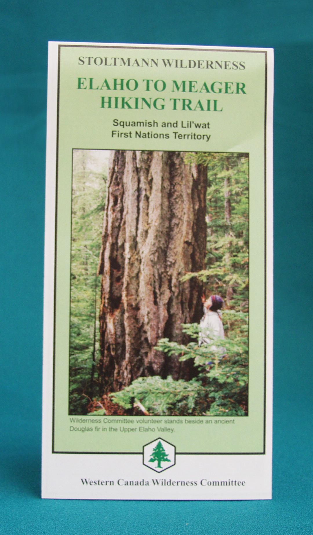The cover of a pamphlet. There is a photo of a person standing next to an old-growth tree. Text over the image says "Stoltmann Wilderness. Elaho to Meager Hiking Trail. Squamish and Lil'wat First Nations Territory." There is a logo of the Wilderness Committee. End of image description.