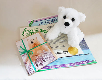 A stuffed polar bear with some paper. End of image description.