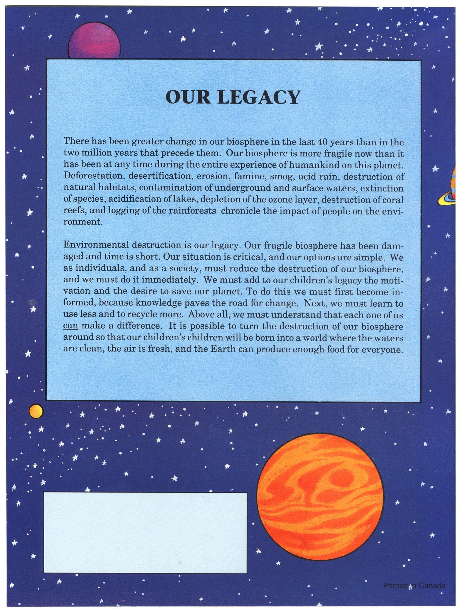 The back of the book with illustrations of planets and stars. There is a summery of the book in the back. End of image description.